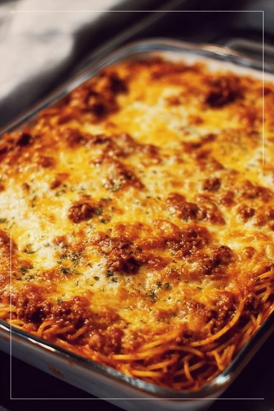 Paula Deen's Baked Spaghetti 2 Paula Deen's baked spaghetti served in a dish, topped with cheese and herbs.