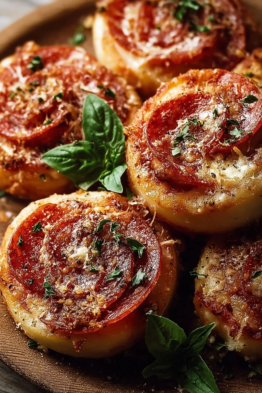 Pepperoni Pinwheels 2 Delicious pepperoni pinwheels on a wooden serving board.