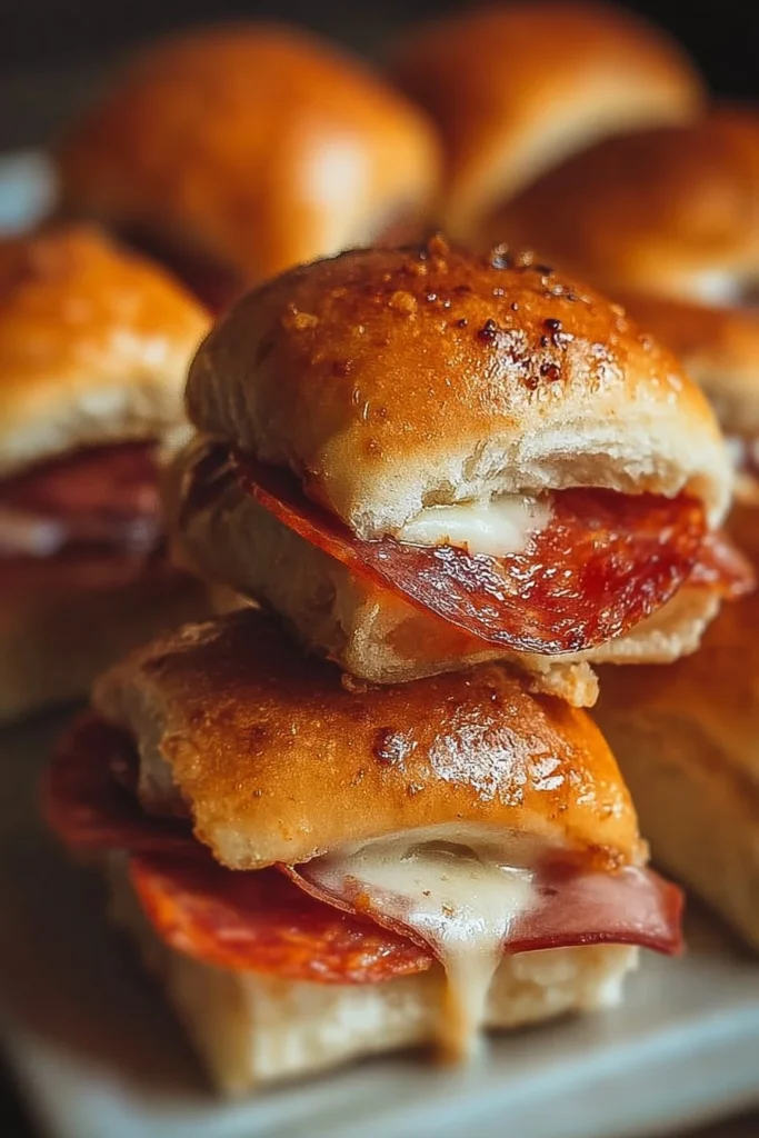Delicious pepperoni pizza sliders served on a platter.