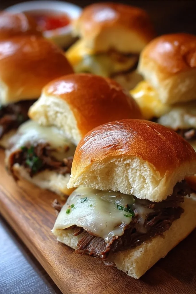 Plate of delicious Philly Cheesesteak Sliders with melted cheese and toppings