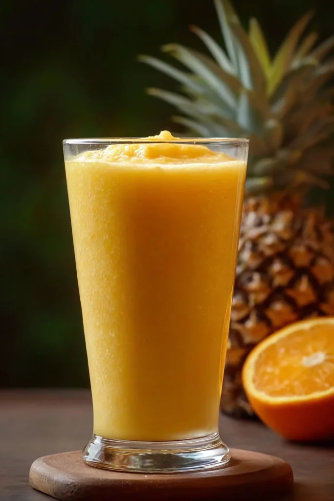 Pineapple Orange Smoothie in a glass with fresh fruit and mint leaves