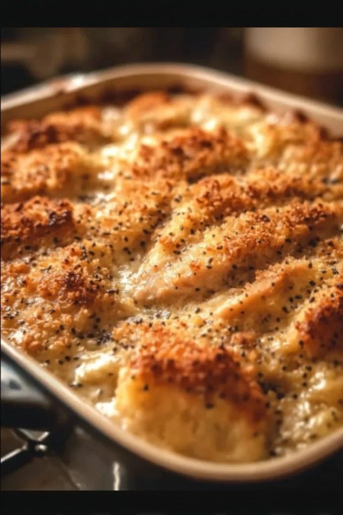 Savory poppy seed chicken casserole topped with crunchy buttery crackers.