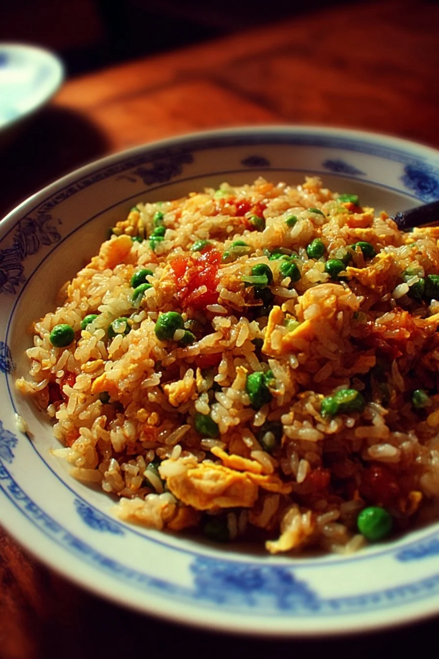 Quick weeknight fried rice served in a bowl with colorful vegetables