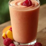 Delicious Raspberry Peach Smoothie in a glass with fresh fruits