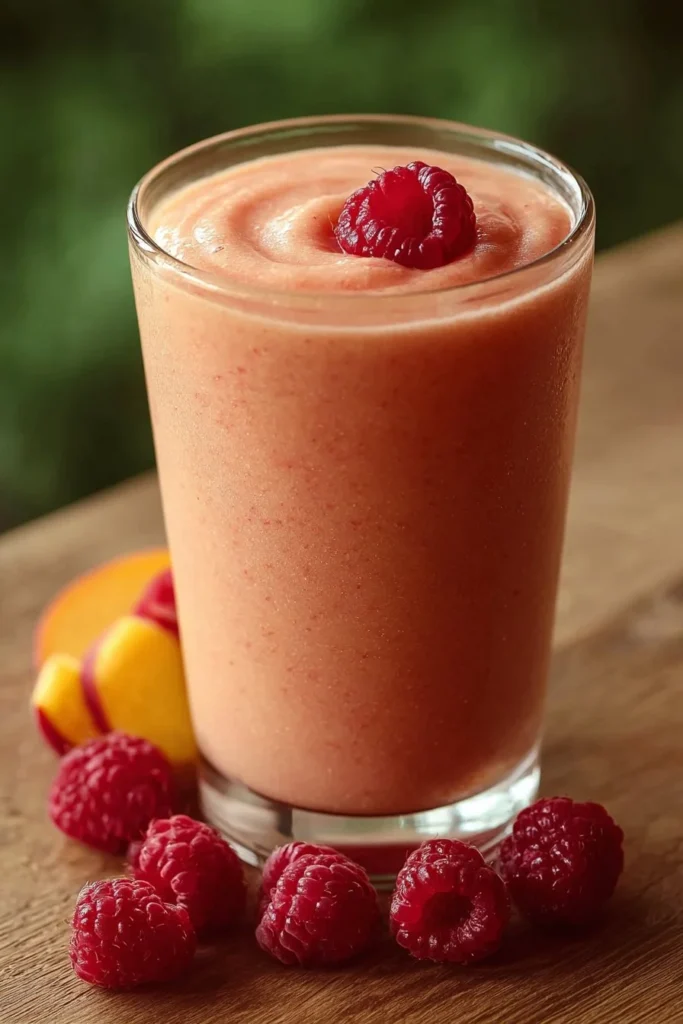 Delicious Raspberry Peach Smoothie in a glass with fresh fruits