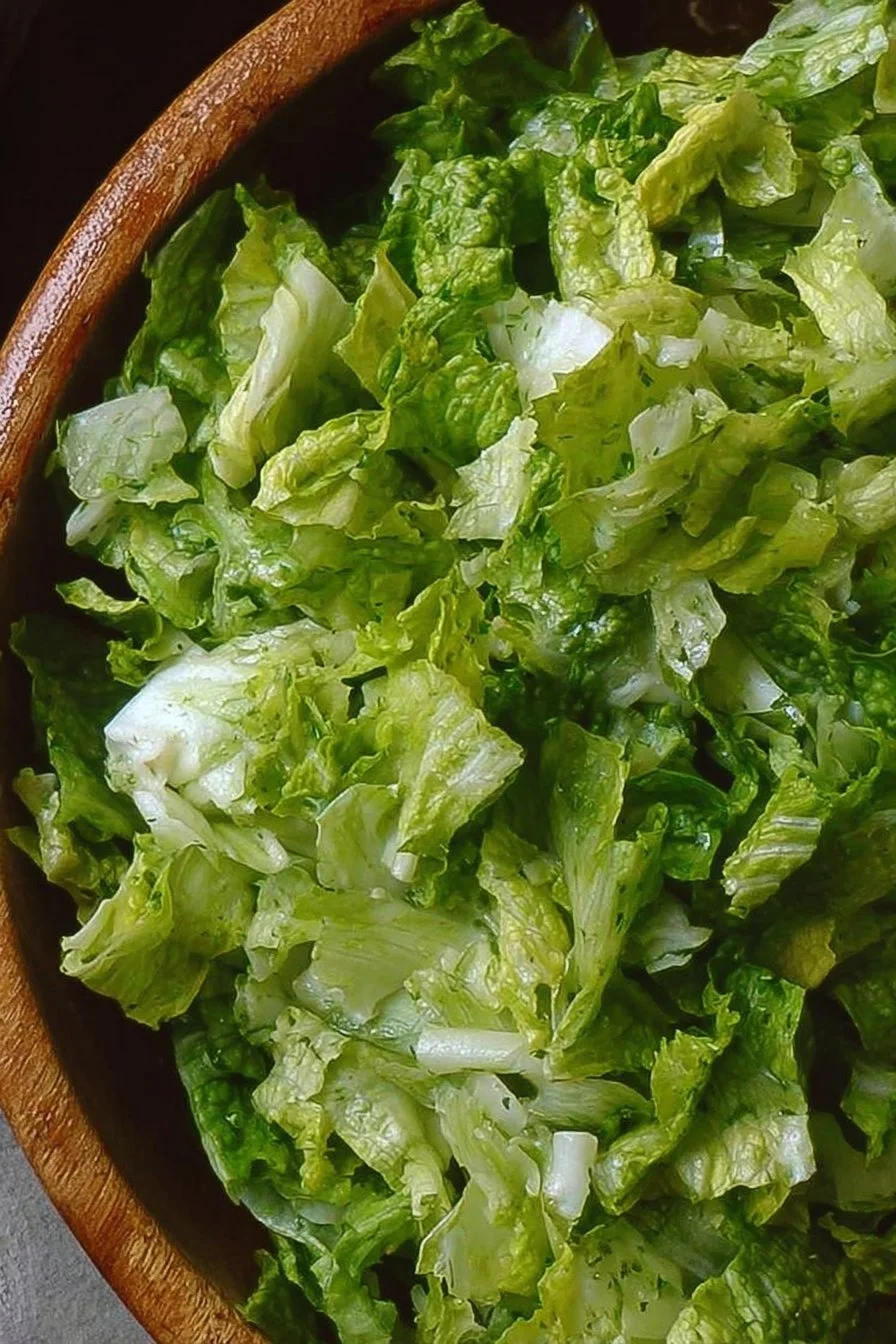 Bowl of refreshing lettuce salad with colorful vegetables and dressing
