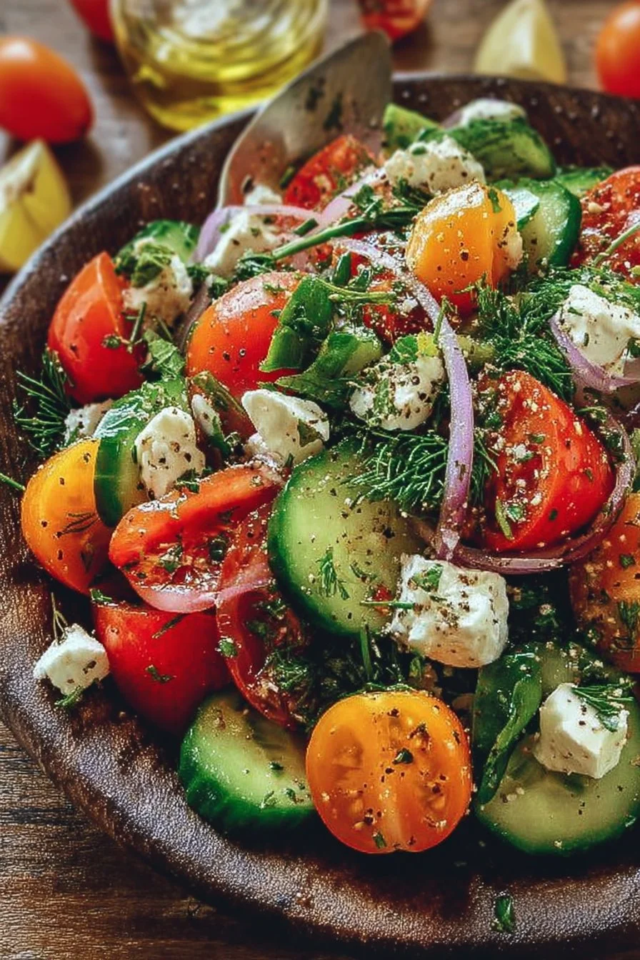A colorful bowl of refreshing summer salad with fresh vegetables and herbs