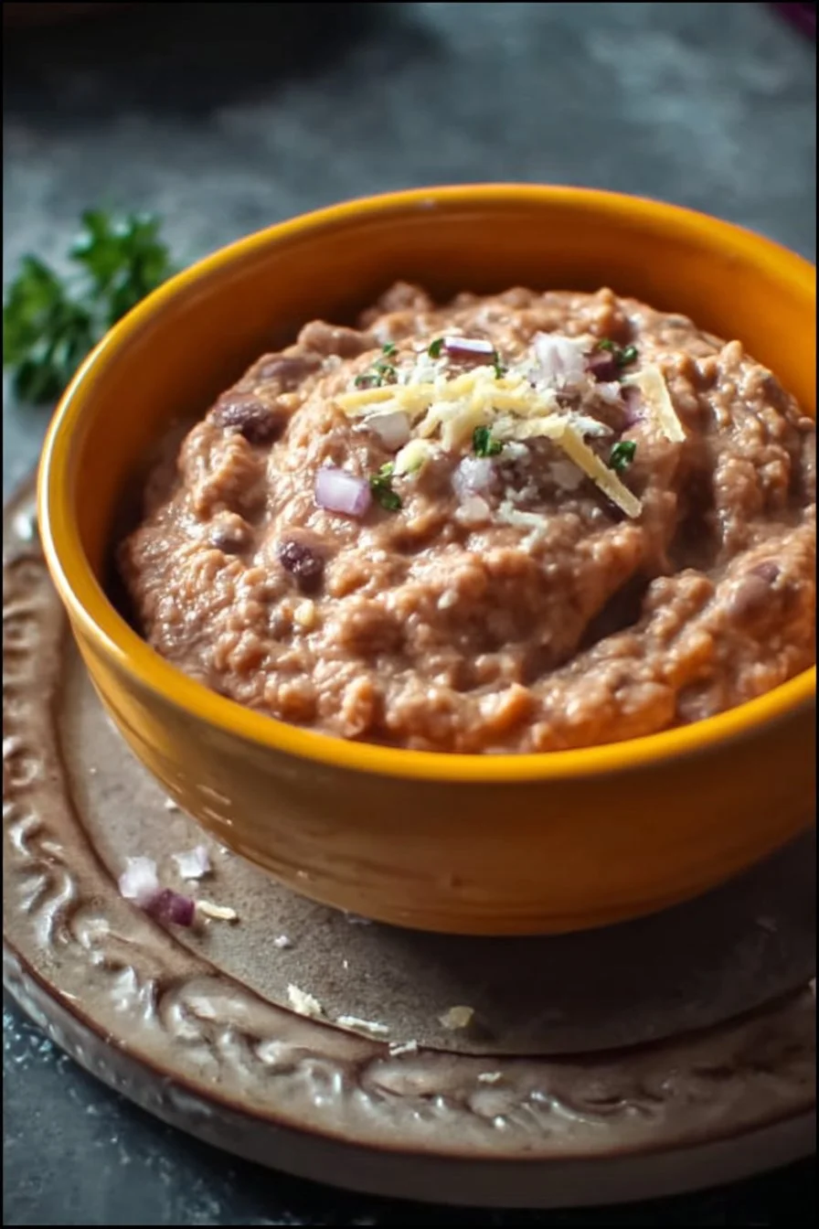 Restaurant-Style Refried Beans 2 Delicious plate of restaurant-style refried beans garnished with cilantro.