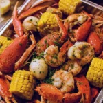 A delicious seafood boil with shrimp, crabs, corn, and potatoes served on a table.