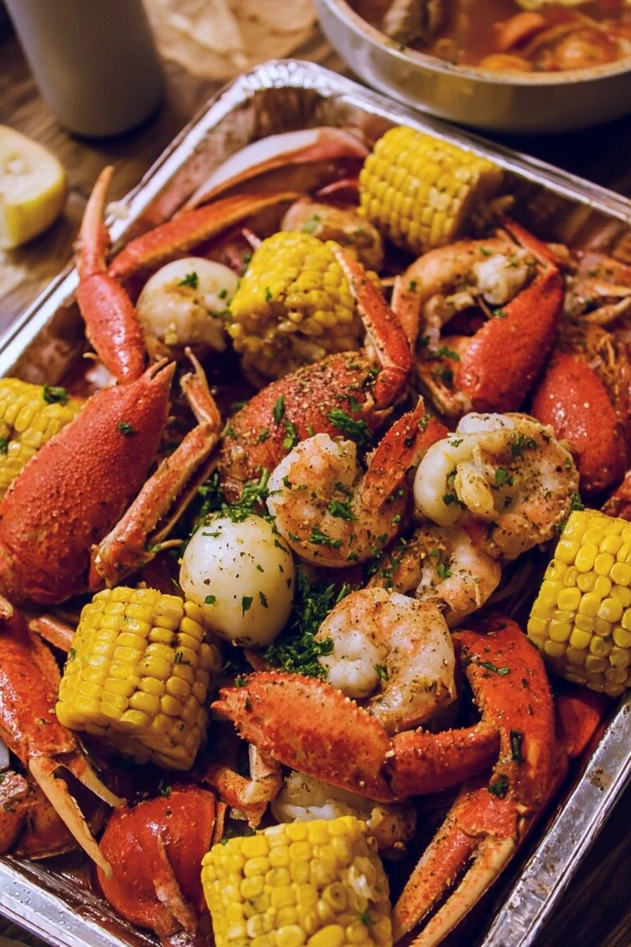 A delicious seafood boil with shrimp, crabs, corn, and potatoes served on a table.