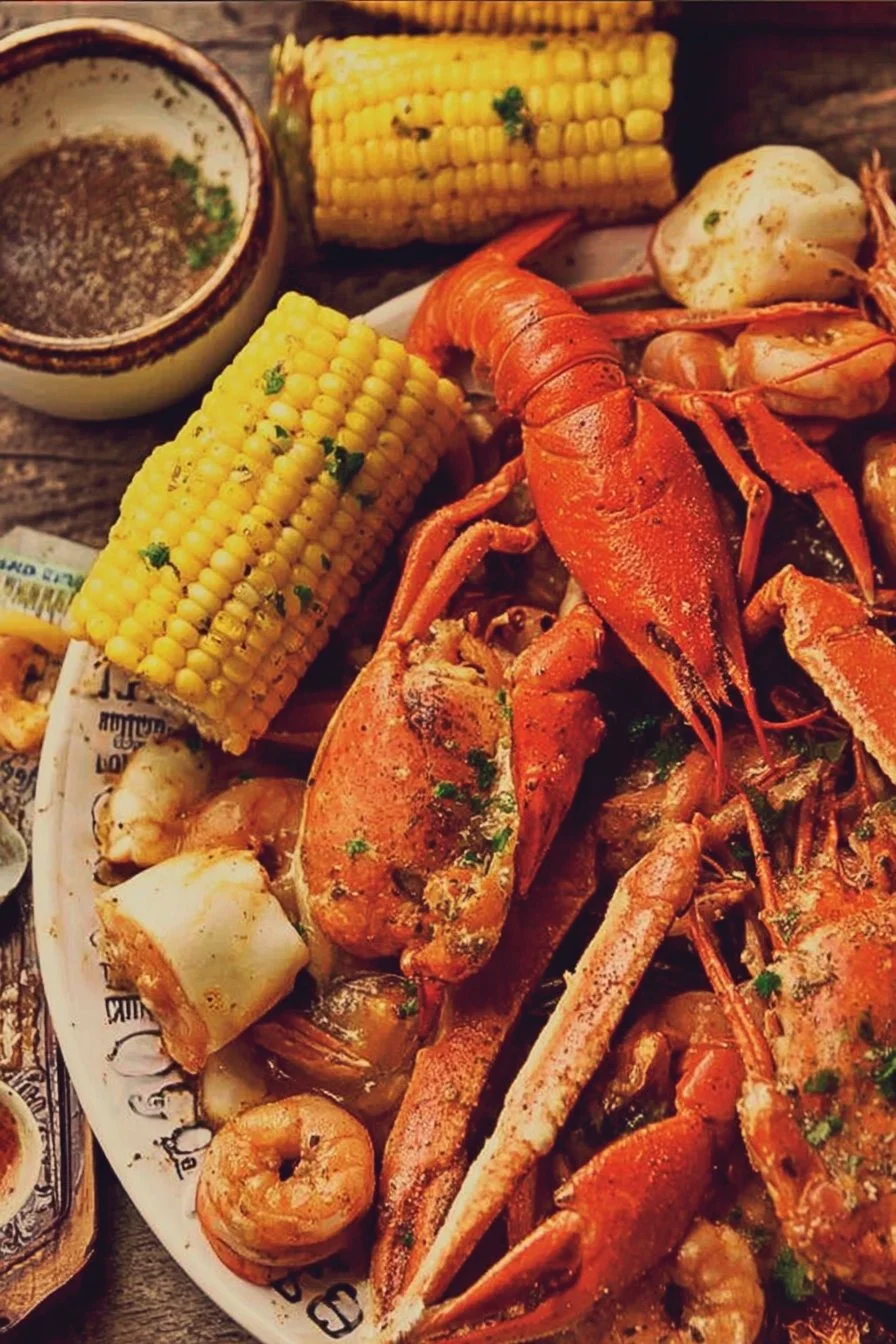 A vibrant seafood boil with shrimp, crab, and spices served in a large pot.