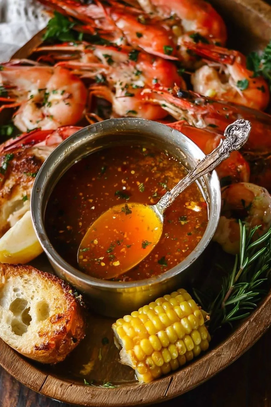 Delicious seafood boil dipping sauce served with shrimp and crab