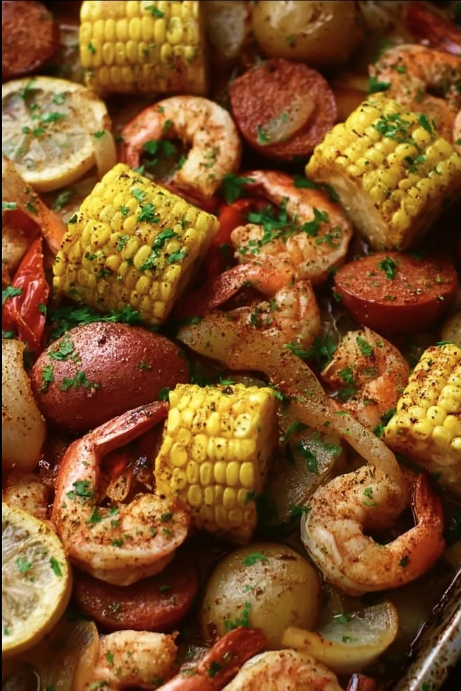 Sheet Pan Shrimp Boil with seasoned shrimp, corn, and potatoes ready to serve.