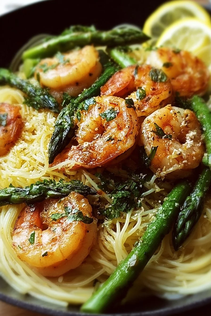 Shrimp and asparagus angel hair pasta dish garnished with herbs