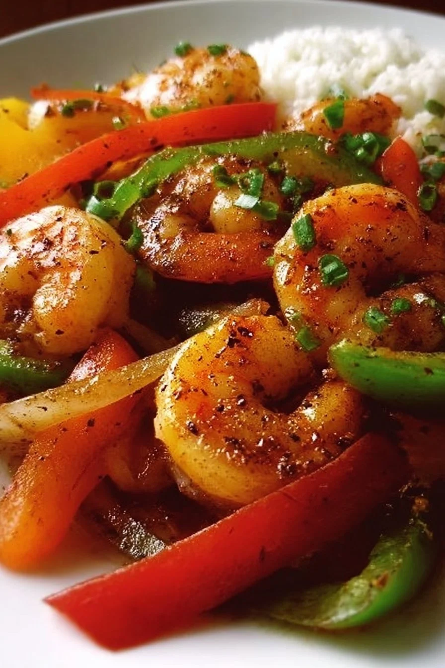 Shrimp and bell pepper stir-fry dish served in a colorful bowl