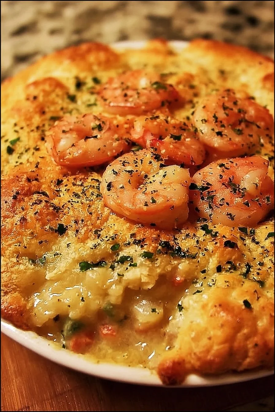 Shrimp and Lobster Cheddar Bay Biscuit Pot Pie in a rustic dish