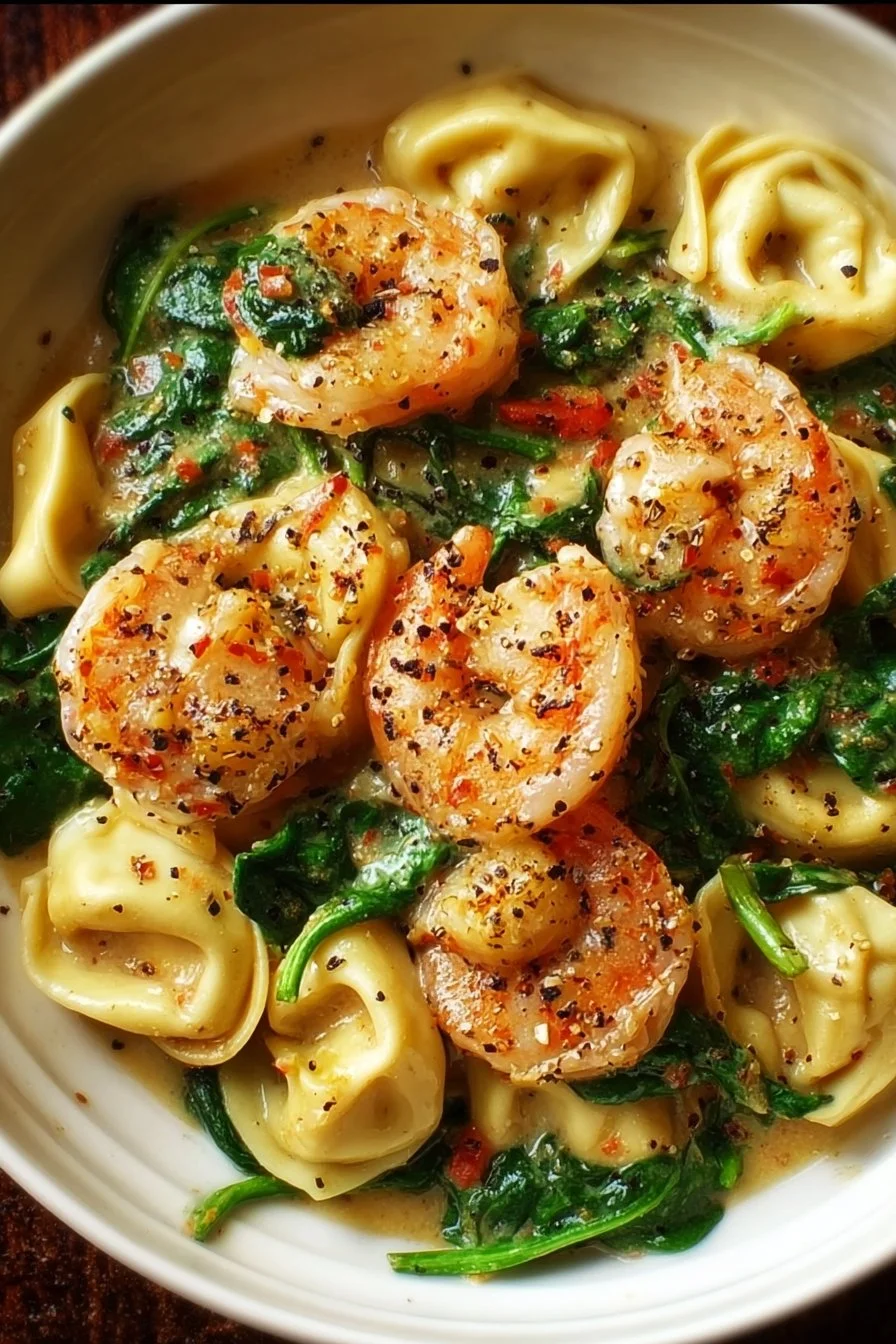 Shrimp and Spinach Tortellini 2 Delicious Shrimp and Spinach Tortellini served on a plate