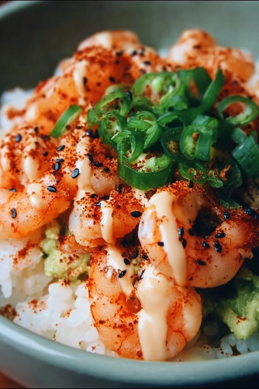 A colorful shrimp rice bowl with vegetables and spices, served in a bowl.