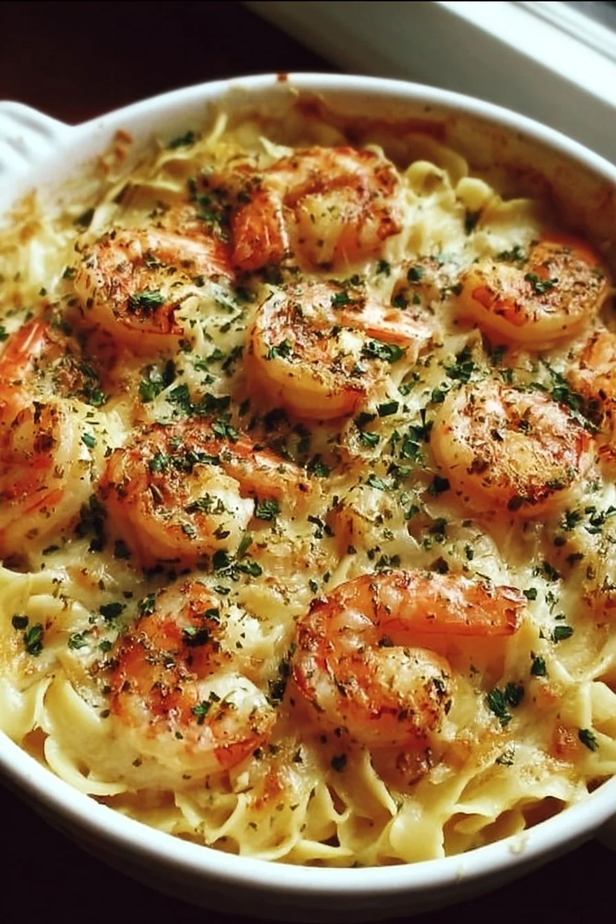 Shrimp scampi pasta bake prepared with garlic, herbs, and shrimp in a creamy sauce.