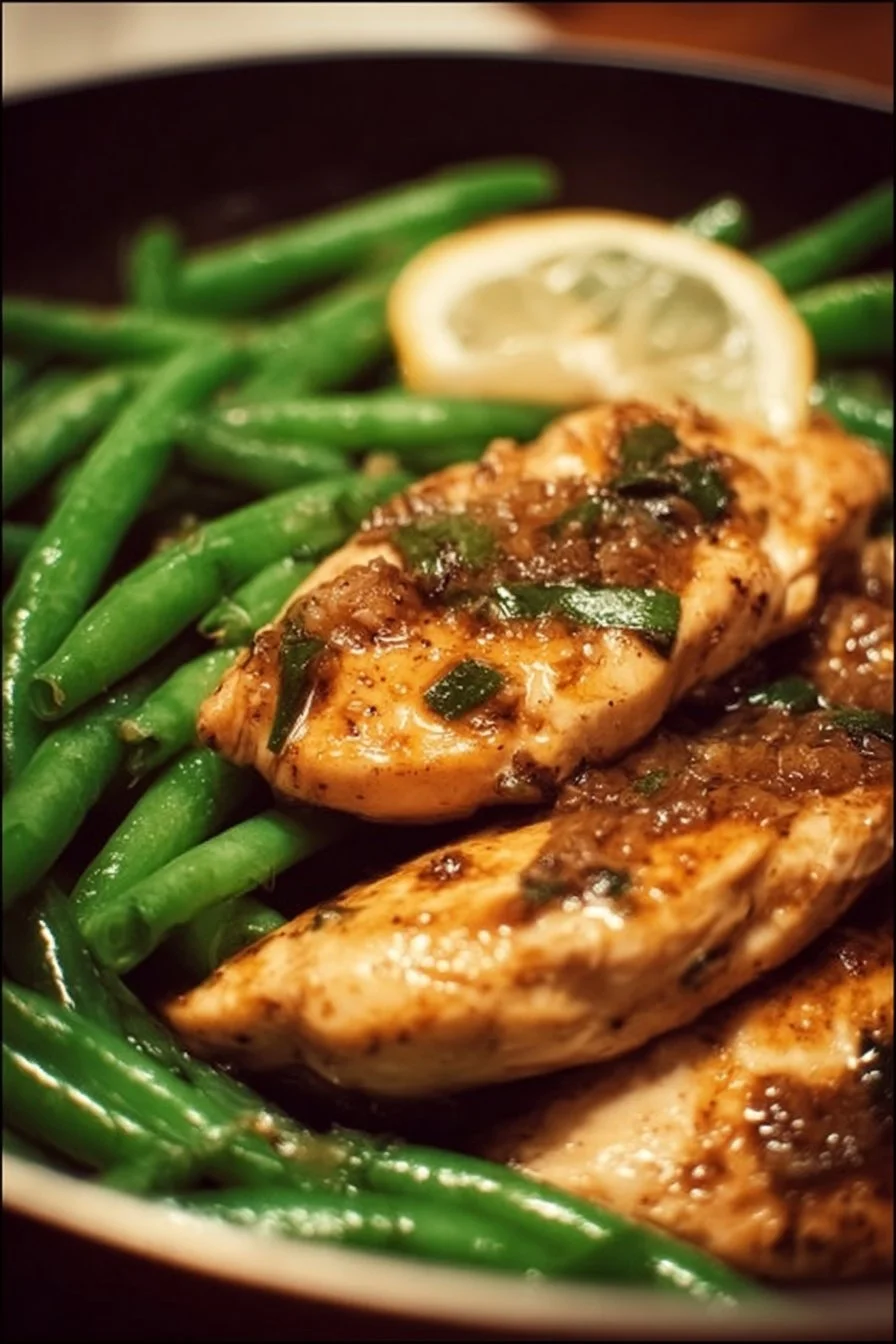 Skillet Chicken with Green Beans and Lemon 2 Skillet chicken with green beans and lemon served on a plate
