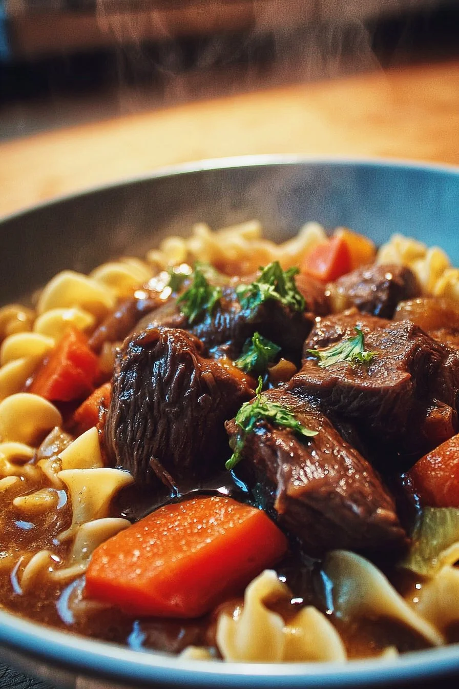 Slow Cooker Beef Noodle Stew 2 A delicious bowl of slow cooker beef noodle stew garnished with herbs
