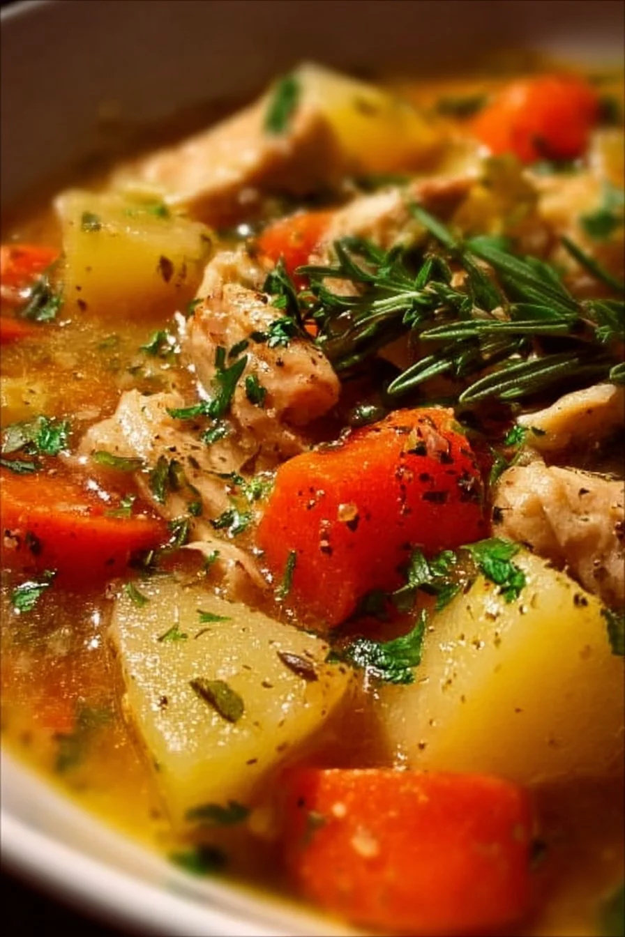 Slow Cooker Chicken Stew 2 Delicious slow cooker chicken stew in a bowl garnished with herbs