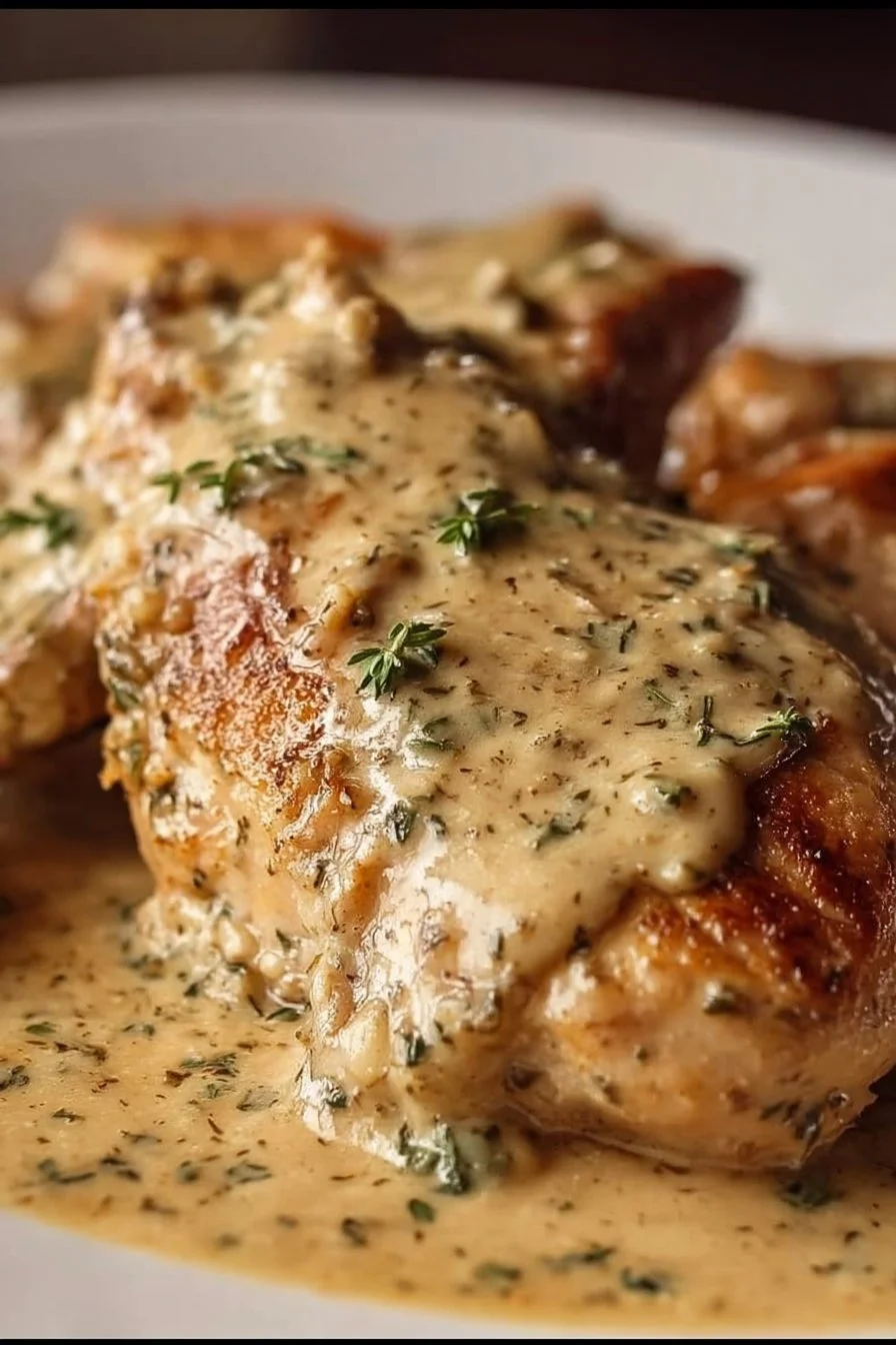 Slow Cooker Chicken with Creamy Gravy 2 Slow cooked chicken with creamy gravy served in a bowl