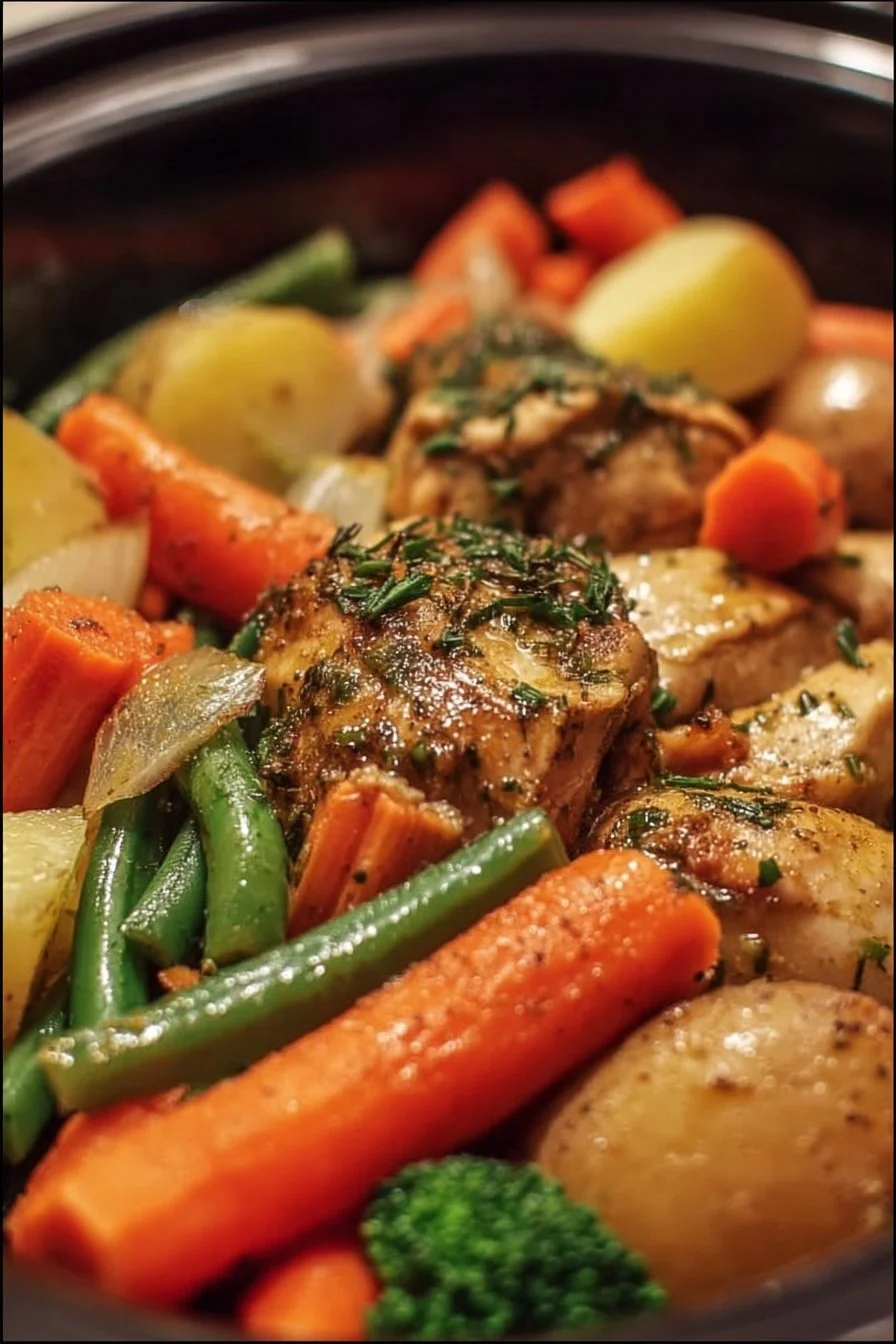 Slow Cooker Garlic Butter Chicken and Veggies 2 Delicious slow cooker garlic butter chicken with vegetables in a bowl