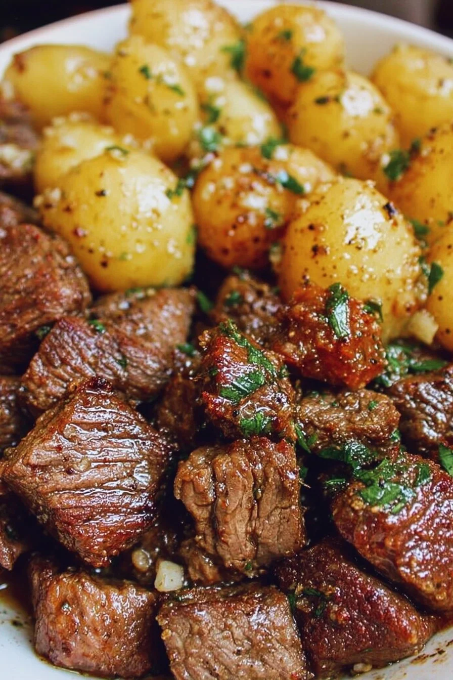 Slow-cooked garlic butter steak bites with potatoes in a rustic setting