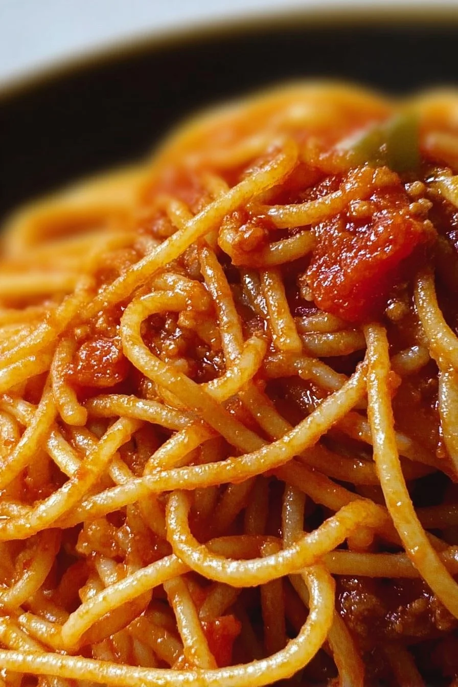 A bowl of Southern Spaghetti garnished with herbs and served with garlic bread.