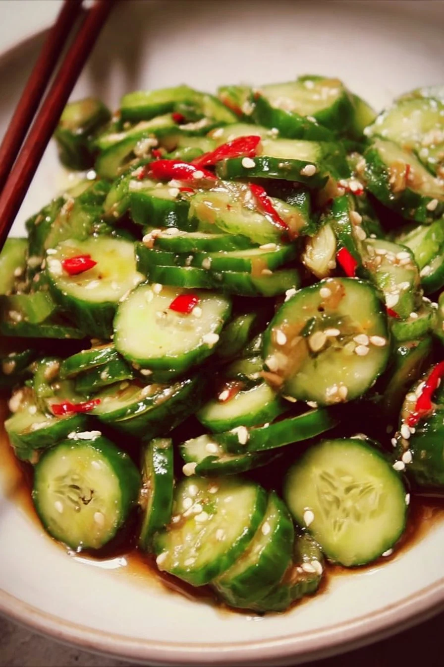 Spicy Cucumber Salad 2 Delicious spicy cucumber salad served in a bowl with fresh vegetables