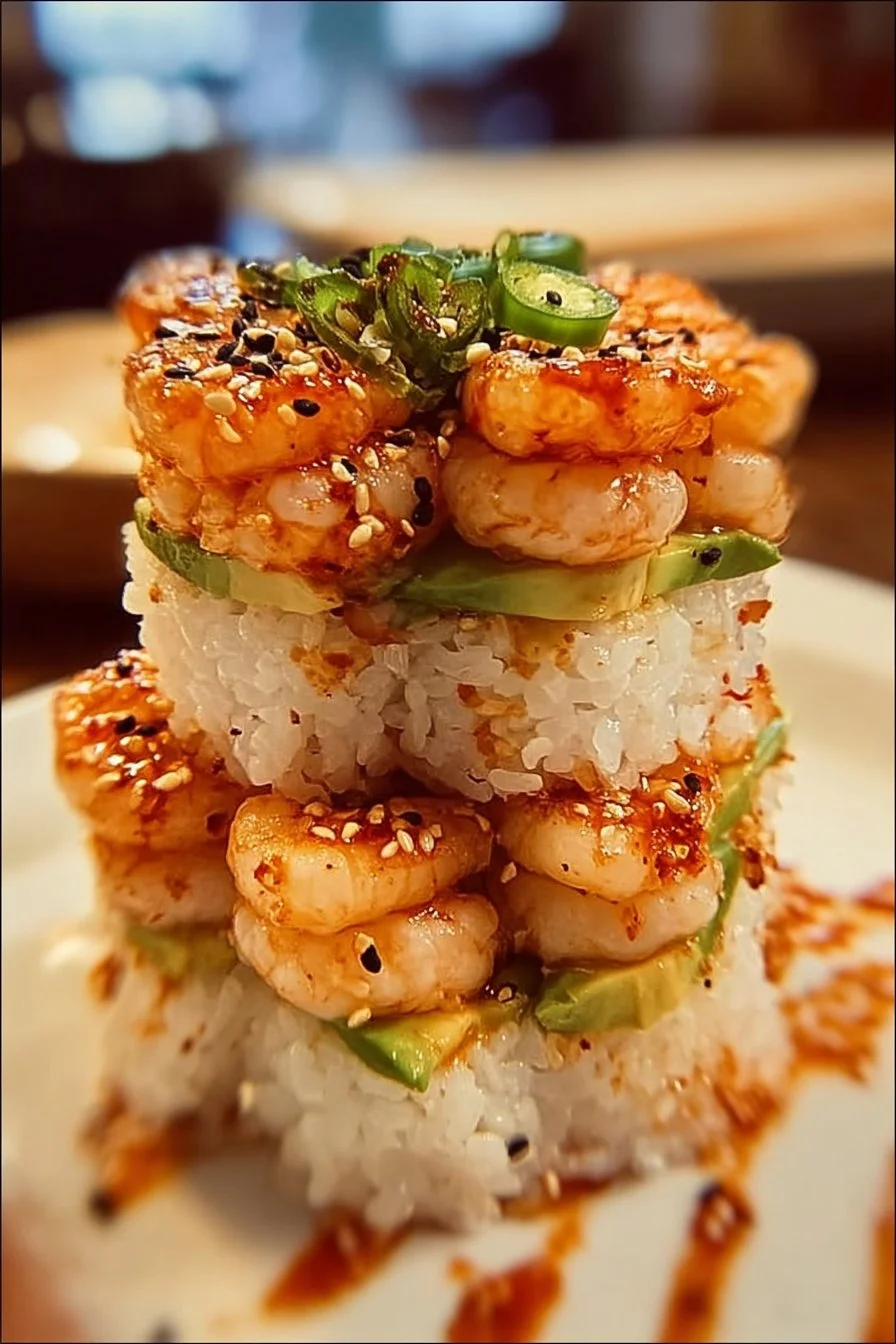 Spicy Shrimp Sushi Stacks 2 Spicy shrimp sushi stacks with fresh ingredients and vibrant colors.