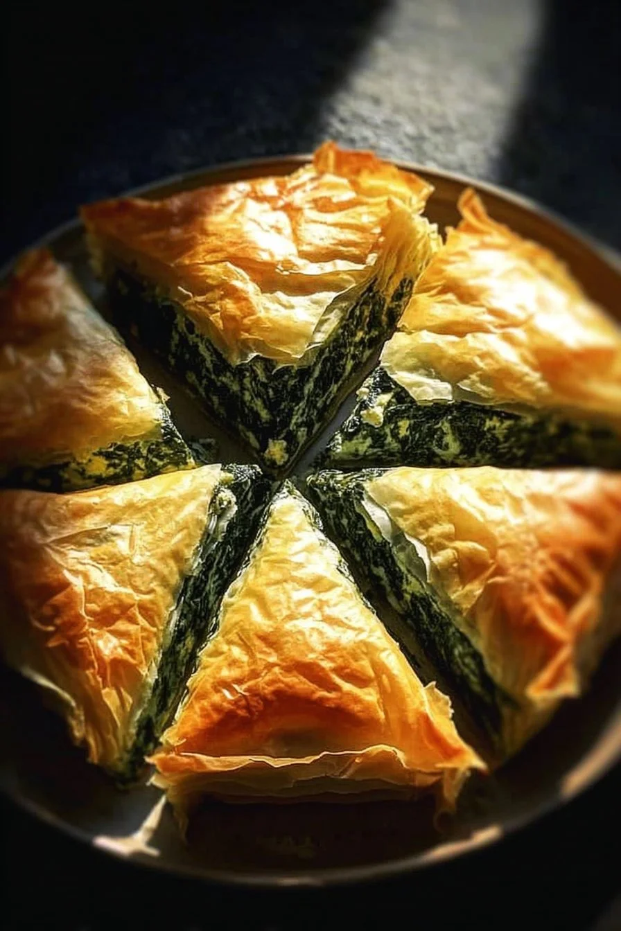 Homemade spinach pie with flaky crust and fresh spinach filling