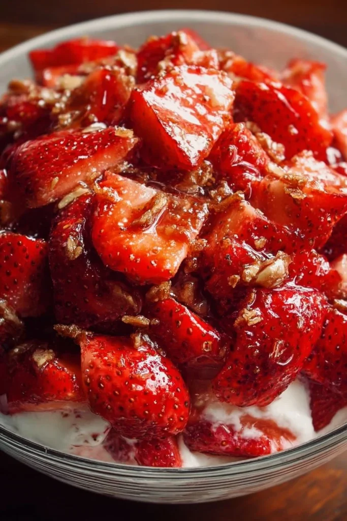Delicious Strawberry Crackle Salad with fresh strawberries and crunchy toppings
