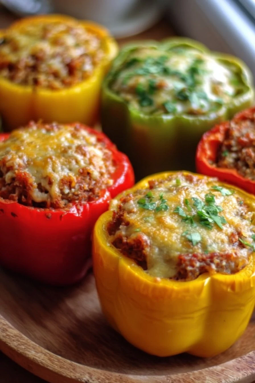 Colorful stuffed bell peppers filled with rice, meat, and vegetables