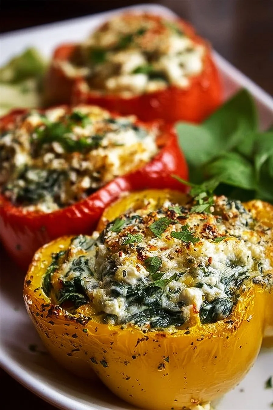 Stuffed Bell Peppers with Spinach and Ricotta 2 Stuffed bell peppers filled with spinach and ricotta cheese on a plate