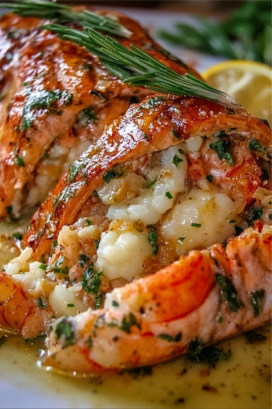 Stuffed salmon with crab and shrimp served on a plate, garnished with herbs