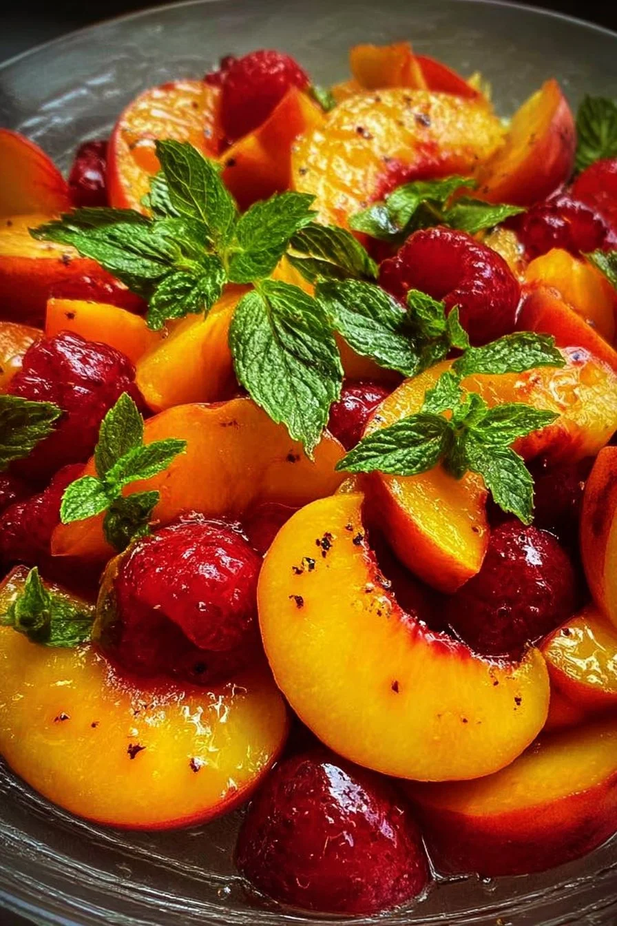 Refreshing summer peach fruit salad with vibrant fruits and mint garnish