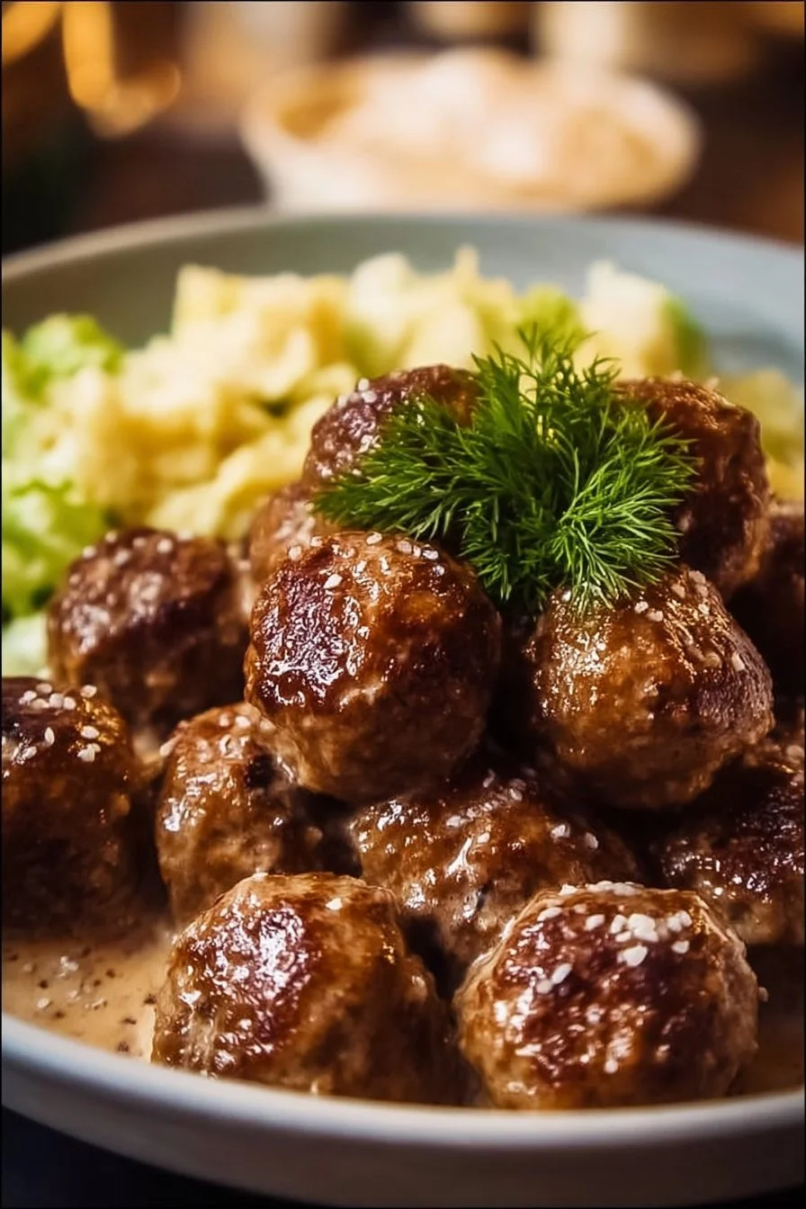 Plate of delicious homemade Swedish meatballs served with creamy sauce