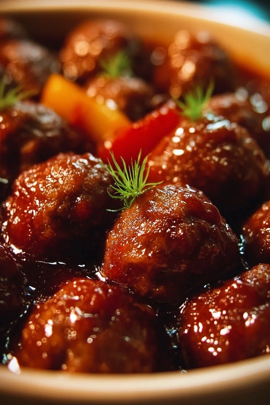 Delicious sweet and sour meatballs served on a plate with sauce and garnish