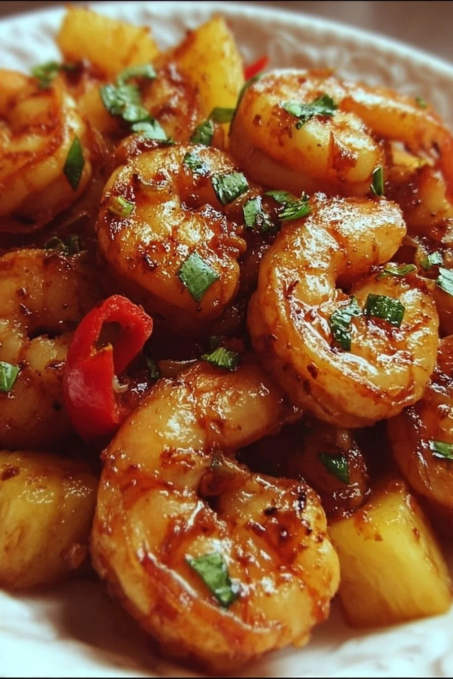 Sweet Chili Pineapple Shrimp 2 Delicious Sweet Chili Pineapple Shrimp served in a bowl with vibrant pineapple chunks.