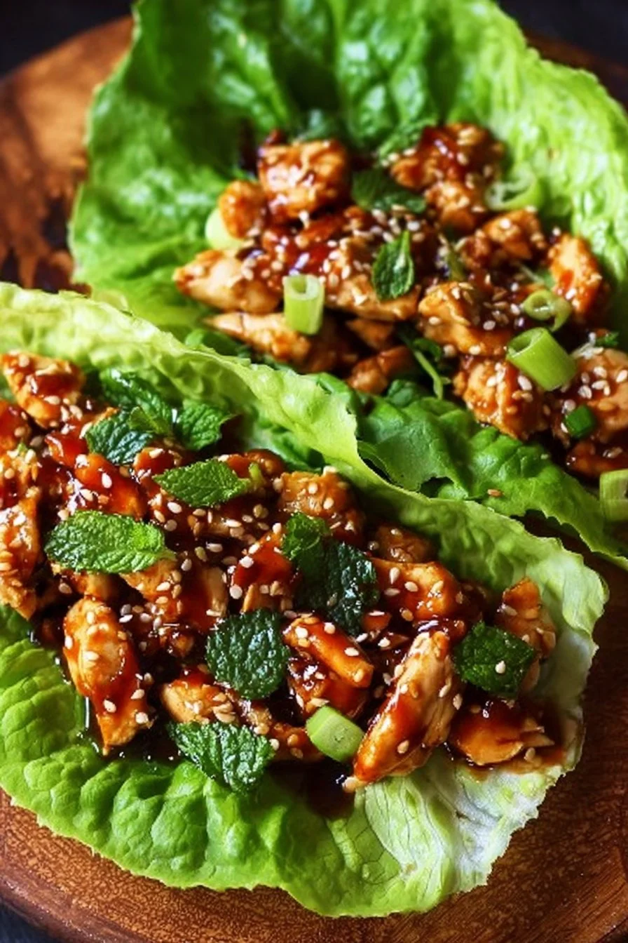 Healthy teriyaki chicken lettuce wraps served with fresh vegetables