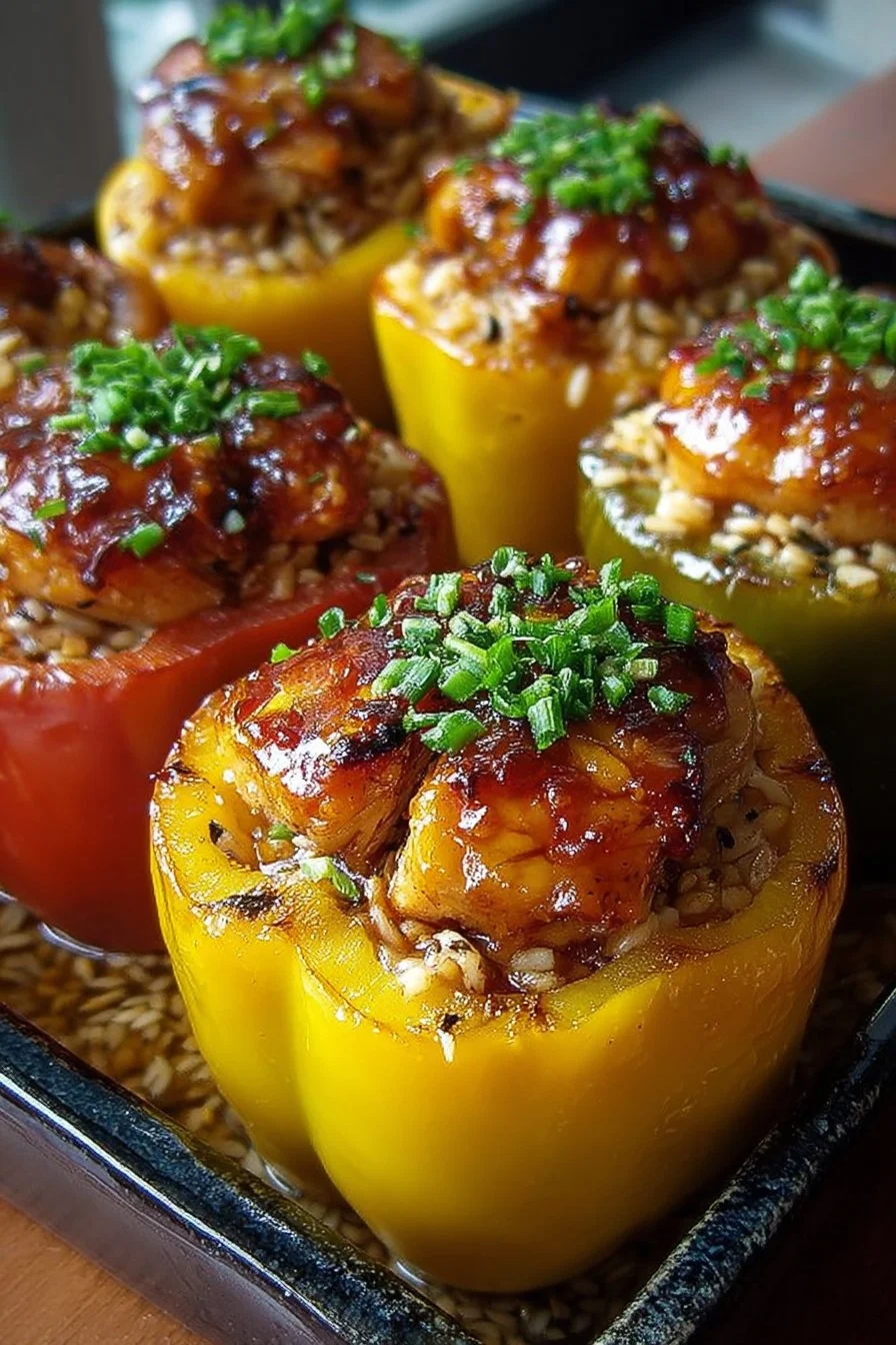 Teriyaki Pineapple Chicken Stuffed Peppers served on a plate