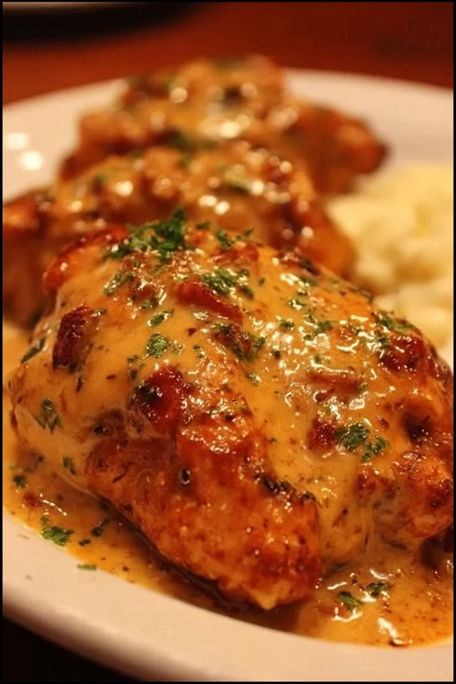 Texas Roadhouse-style Smothered Chicken 2 Delicious Texas Roadhouse-style smothered chicken served with rich gravy.