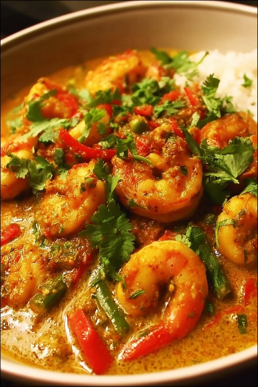 Thai Coconut Shrimp Curry 2 Creamy Thai Coconut Shrimp Curry served with rice and fresh herbs.