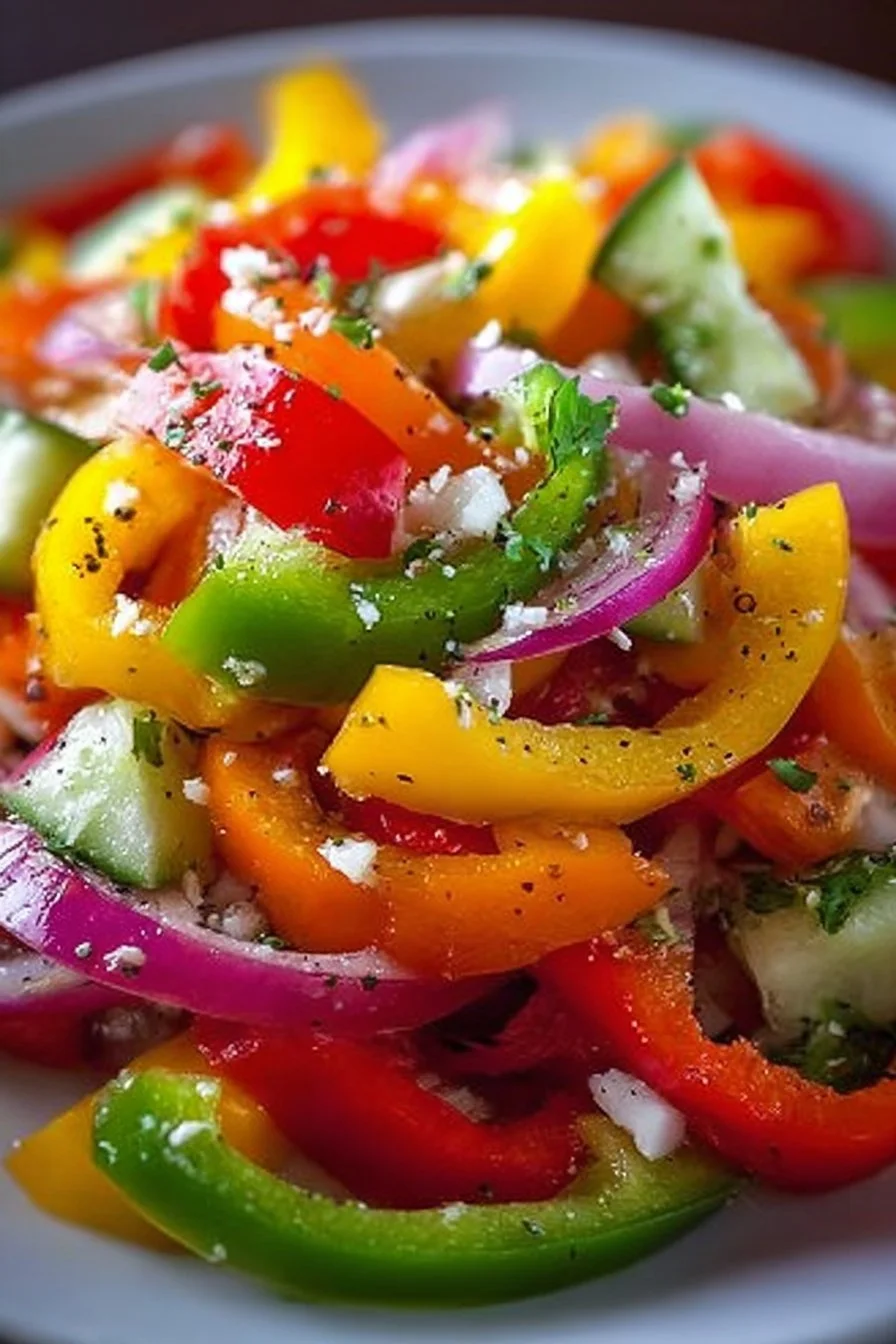 Colorful tricolor bell pepper salad with fresh ingredients and vibrant colors.