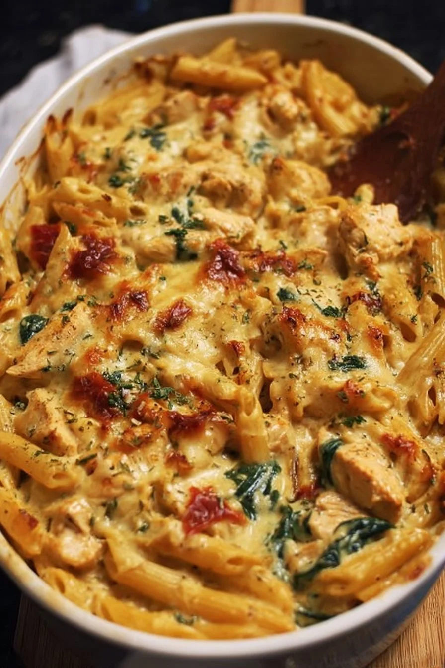 Creamy Tuscan Chicken Pasta Bake with herbs and vegetables