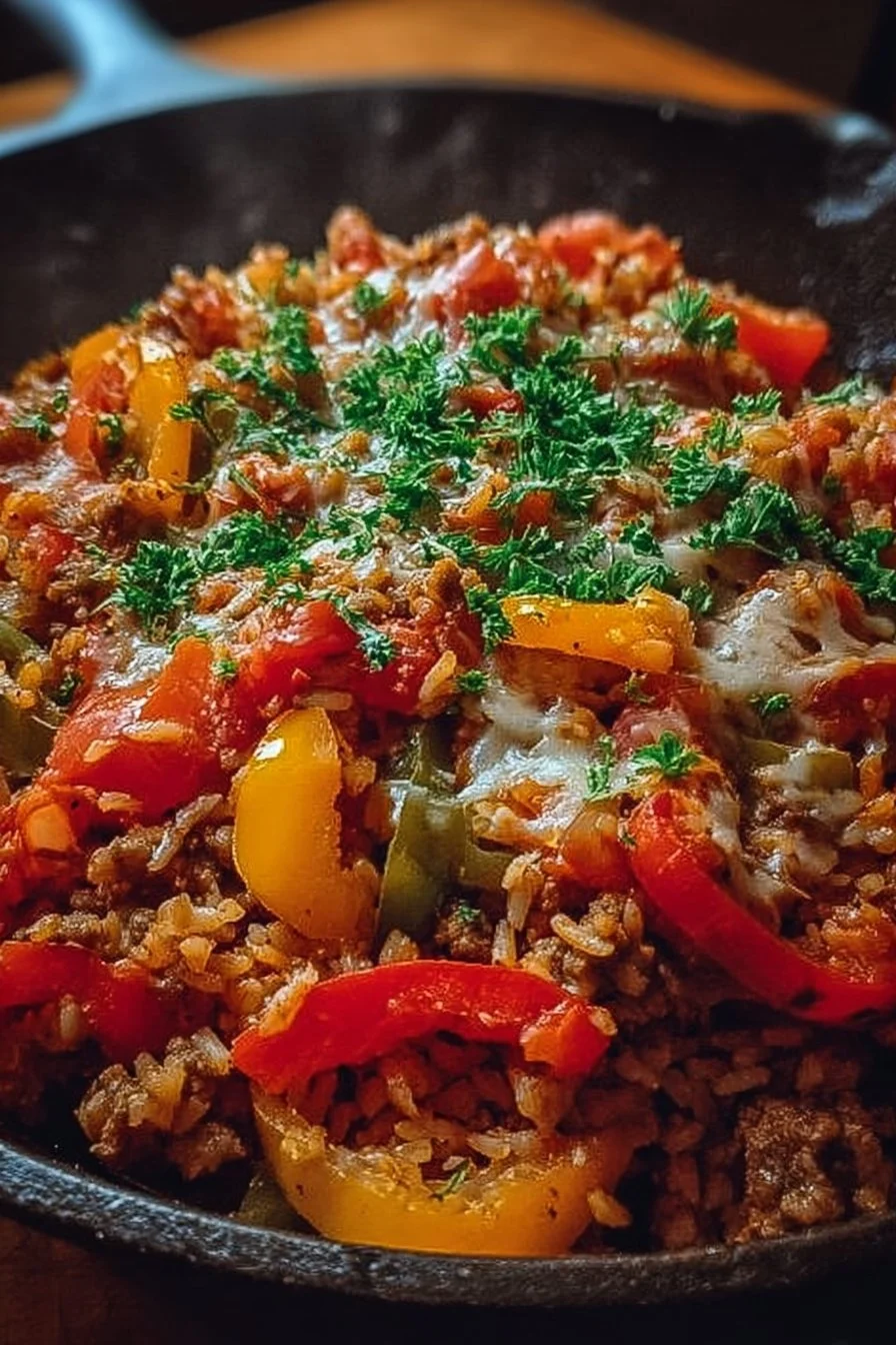 Unstuffed Pepper Skillet 2 Delicious unstuffed pepper skillet dish with colorful vegetables in a pan
