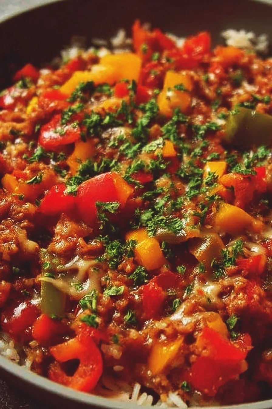 Delicious unstuffed pepper skillet in a colorful dish garnished with herbs.