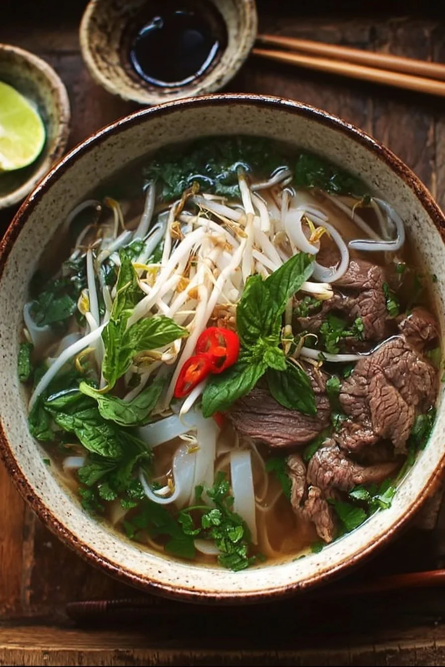 Vietnamese Beef Pho 2 A steaming bowl of Vietnamese beef pho with herbs, noodles, and spices